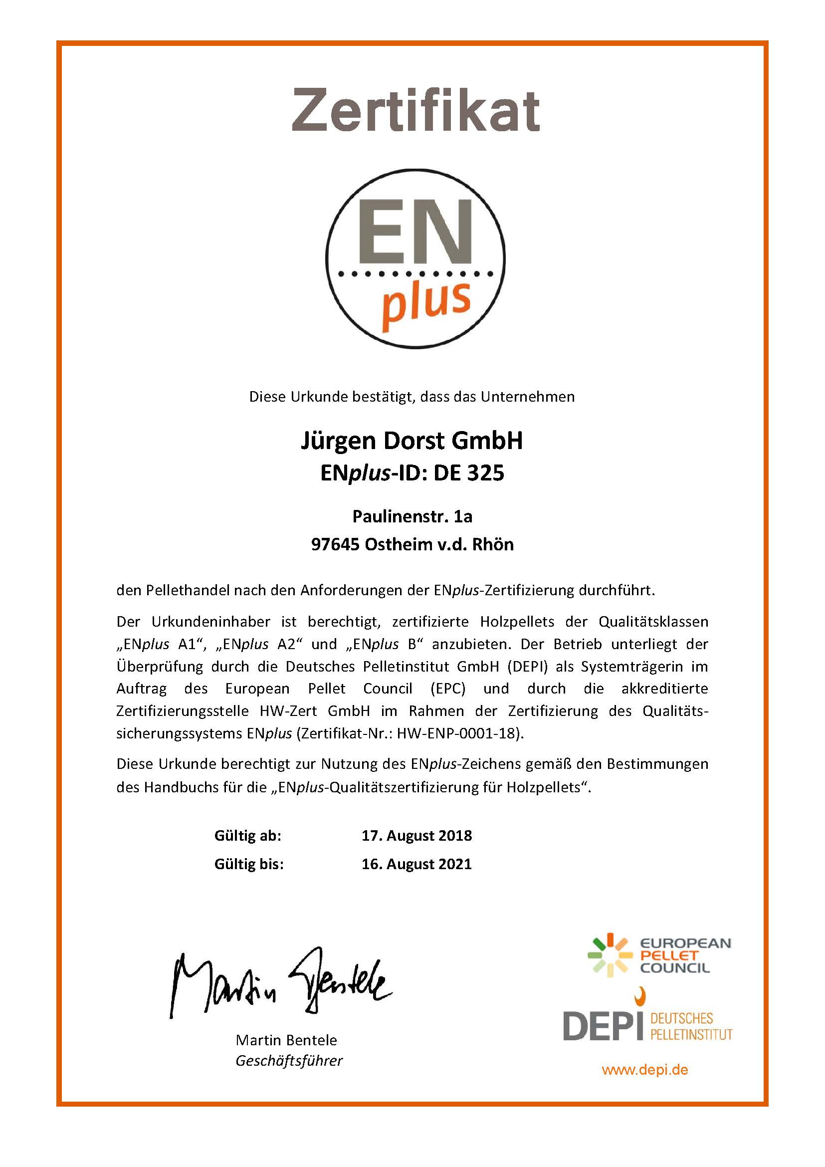 ENplus A1 Zertifikat